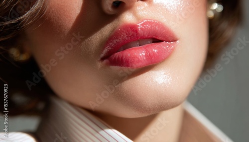 Close-up of a woman's glossy, pink lips and lower face with smooth, glowing skin and subtle makeup highlights.