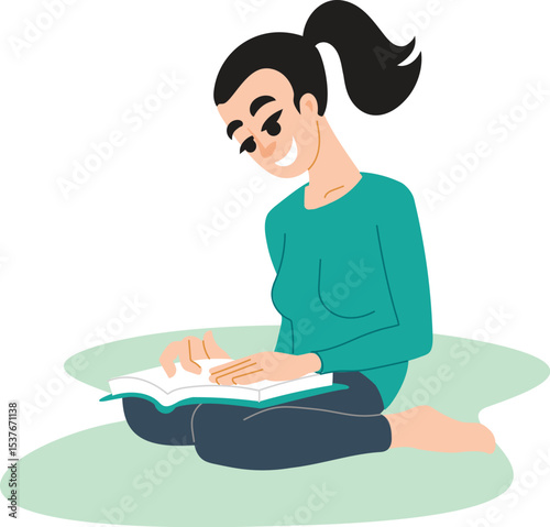 Smiling young girl sitting and reading a book. Illustration of a female student studying a lesson from a book. School days.