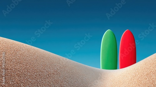 Two surfboards, one green and one red, stand upright in the sand against a clear blue sky. photo