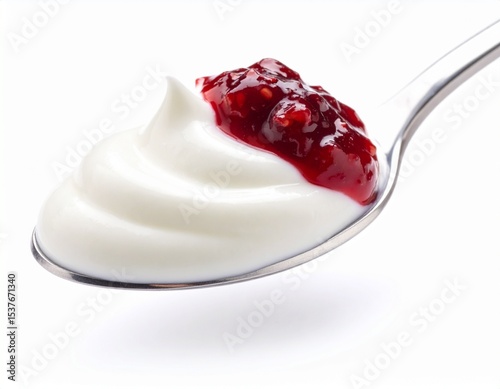 Spoon of yogurt with berry jam isolated on white background
