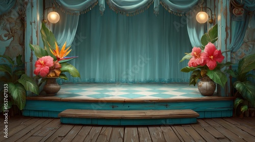 A vintage theater stage with teal curtains, wooden floor, and large tropical flower arrangements on both sides.