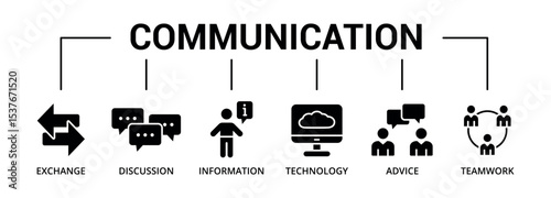 Communication banner glyph icon with exchange, discussion, information, technology, advice, teamwork