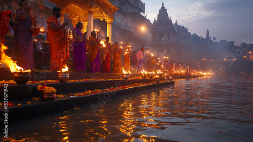 Along the sacred banks of the Ganges River at twilight, a vibrant Hindu festival unfolds in a symphony of color, sound, and devotion