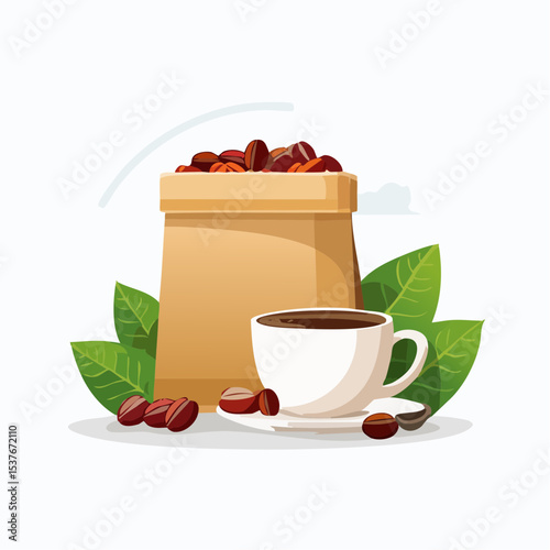 Cup of coffee and coffee beans in a bag