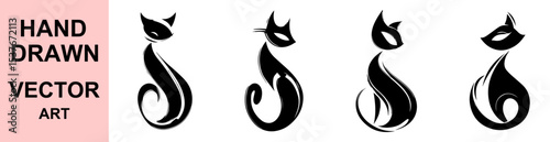 Elegant hand drawn vector cat silhouettes in artistic brush style, perfect for logos, tattoos, fashion branding, minimalist prints, pet themes, and feline graphics.