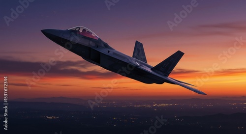 Stealth fighter jet gracefully glides through vibrant sunset sky above city lights. AI Generated