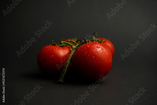 Fresh red tomatoes on the vine with water droplets. Close-up shot on dark background. Juicy, ripe, and natural – perfect for organic food and healthy lifestyle visuals.

