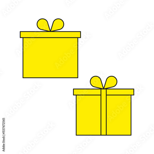 Yellow gift icon. Present box vector. Celebration object shape. Ribbon top element.