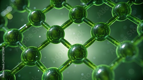 A close up view of a green molecular structure with connecting spheres and rods design