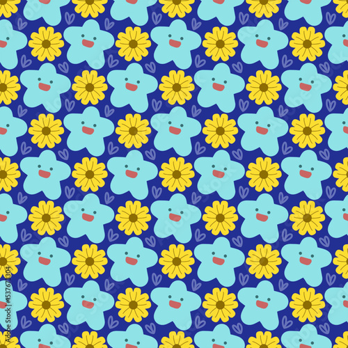 seamless pattern featuring yellow flowers with cute blue stars on dark blue background 