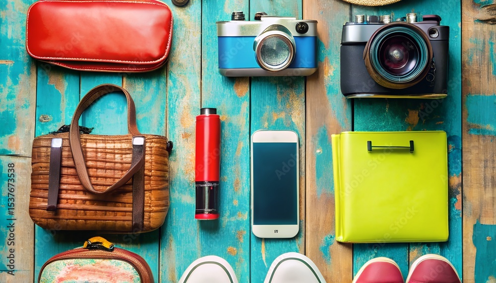 Fototapeta premium A vibrant flat lay of travel essentials, showcasing organized readiness for an exciting journey. A captivating image filled with vibrant colors and engaging details.
