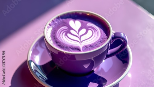 Vibrant purple ube latte with swirling foam art