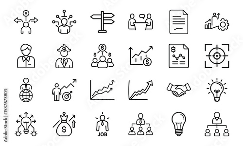 A comprehensive set of business and finance icons illustrating growth strategy teamwork and innovation