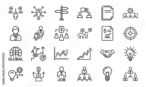 Set of business and finance icons depicting concepts such as strategy growth and teamwork in a linear style