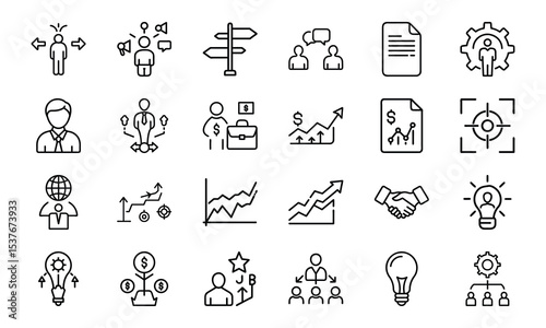 Set of business and management icons depicting leadership strategies growth and teamwork elements in modern outline style