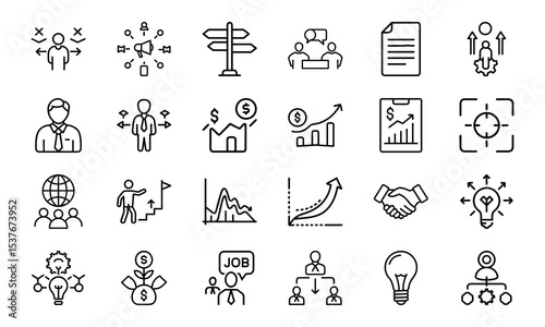 A comprehensive set of business and finance icons representing strategy growth and success