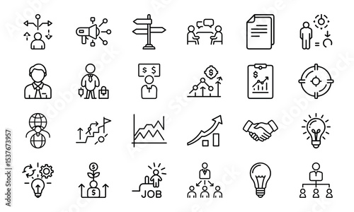 Business and management icon set outlining concepts of strategy planning and growth