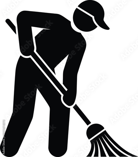 Janitor Silhouette with Broom Vector – Black and White Cleaning Worker Clipart
