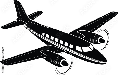 Passenger Propeller Airplane Vector – Black and White Aviation Clipart Silhouette