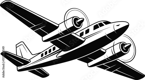 Propeller Airplane Silhouette Vector – Black and White Aircraft Clipart Illustration