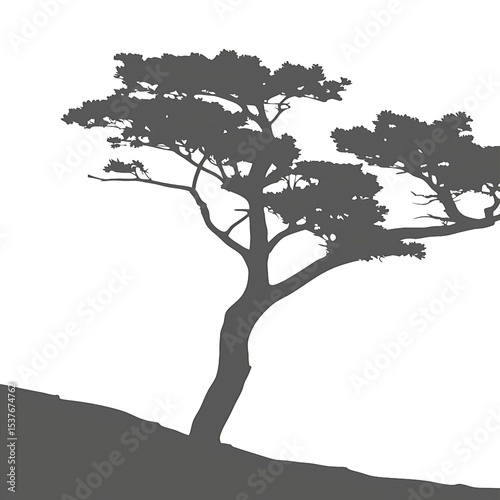 A stylized tree silhouette with striped pattern against a white background landscape
