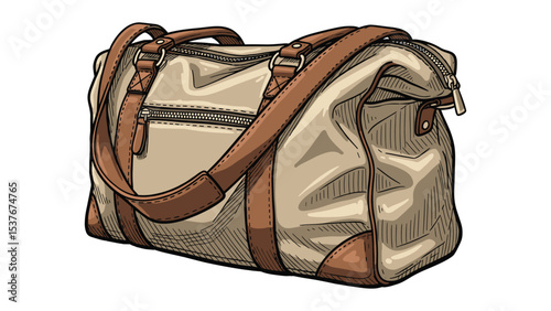 Hand-drawn illustration of a stylish travel bag with leather handles and details