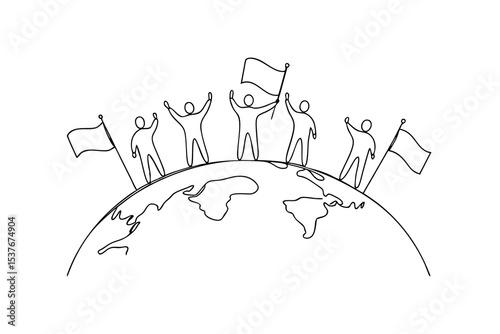 Global unity continuous line art illustration teamwork success