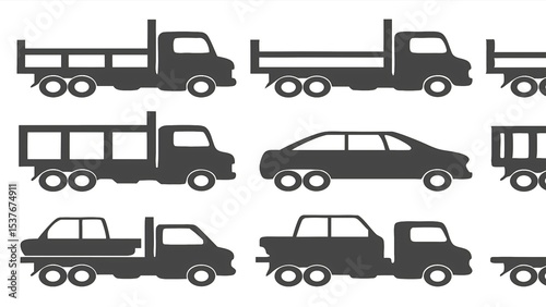 Illustration of various striped vehicles including trucks and cars on a white background