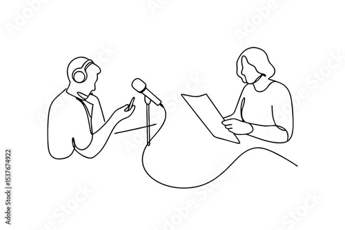 Continuous line art podcast interview two people talking