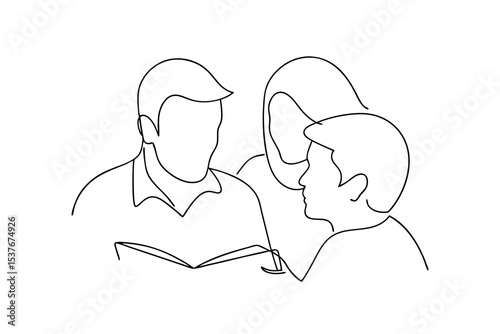 Continuous line art drawing of three people discussing a book