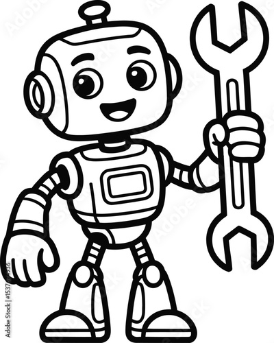 Friendly Robot Holding Wrench Vector – Black and White Cartoon Mechanic Clipart