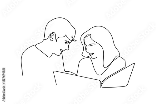 Young couple sharing a book continuous line art drawing