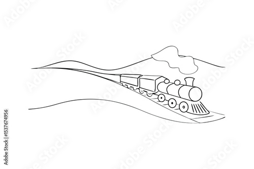 Steam train rolling through hills continuous line art illustration