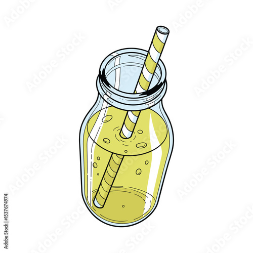 Illustration of a refreshing yellow juice in a glass bottle with a striped straw for beverage marketing