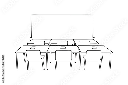Simple continuous line art classroom illustration empty desks whiteboard