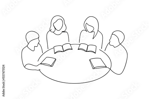 Four people sitting around a table reading books continuous line art illustration