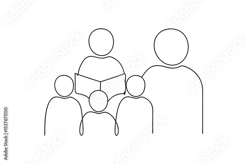 Continuous line art teacher reading to students children education