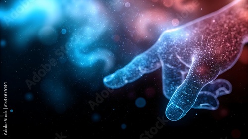Abstract glowing hand reaching out with blue and red particles on a dark background