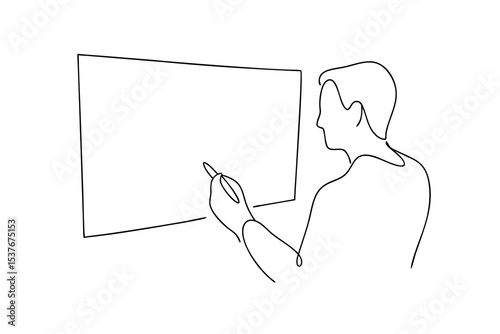 Man drawing on large screen continuous line art illustration
