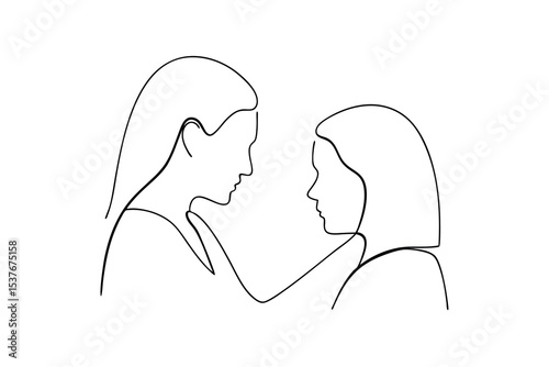 Two women facing each other continuous line art minimalist drawing