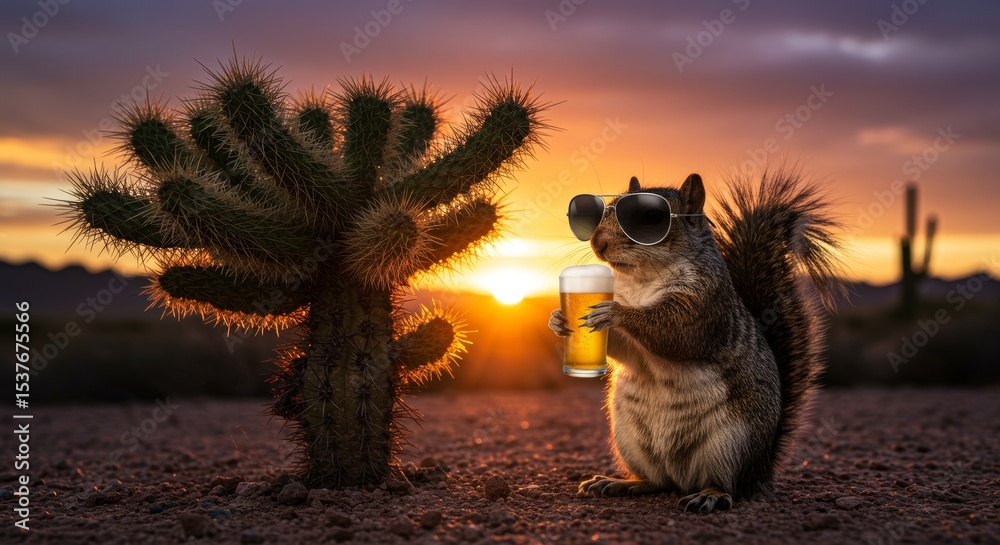 Obraz premium Cool squirrel with sunglasses enjoys a beer near a cactus at sunset scenery