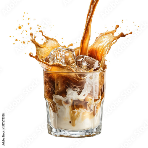  Iced Coffee Splash Pouring into Glass on Transparent Background