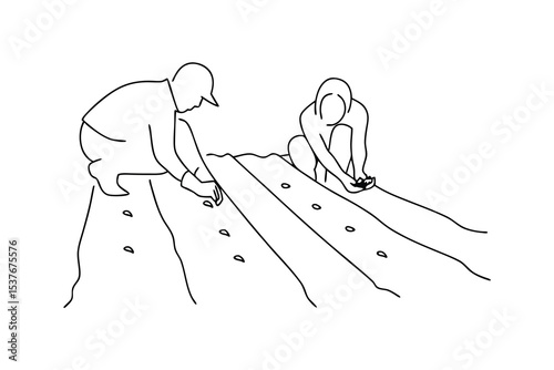 Couple planting seeds continuous line art illustration