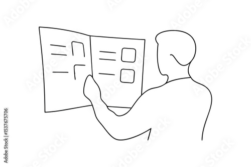 Person reviewing a brochure continuous line art illustration