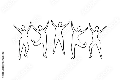Five happy people jumping continuous line art illustration