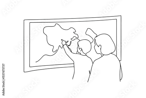 Continuous line art drawing of children studying a map