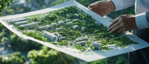 A detailed shot of an urban planner reviewing blueprints for a sustainable city development project, Urban planning scene, Sustainable urbanism style