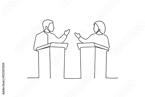 Continuous line art man woman podium debate discussion