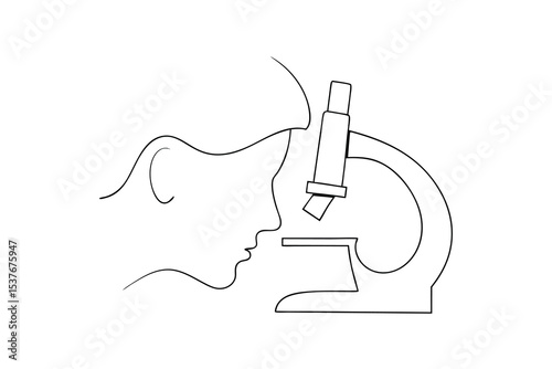 Continuous line art drawing of person looking through microscope
