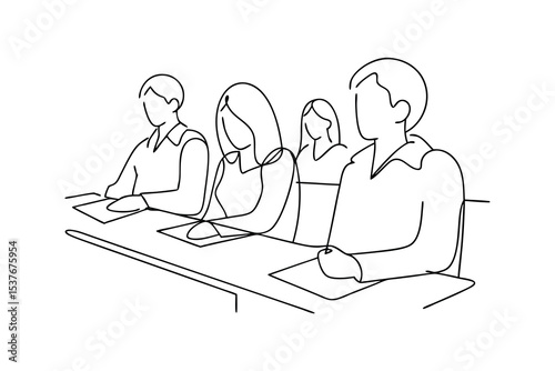 Continuous line art students studying together in class